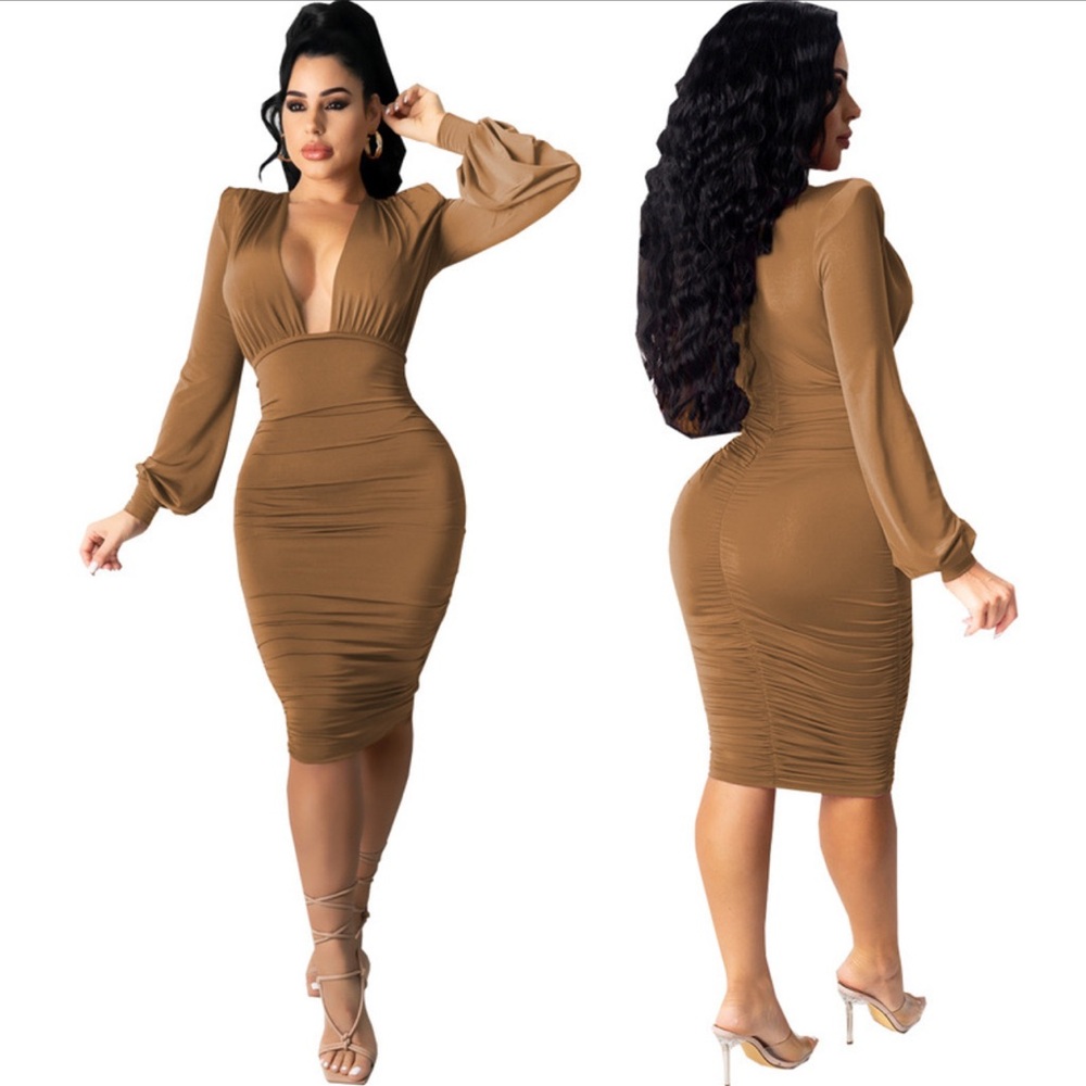 Cameo Brown Deep V Ruched Bodycon Dress
